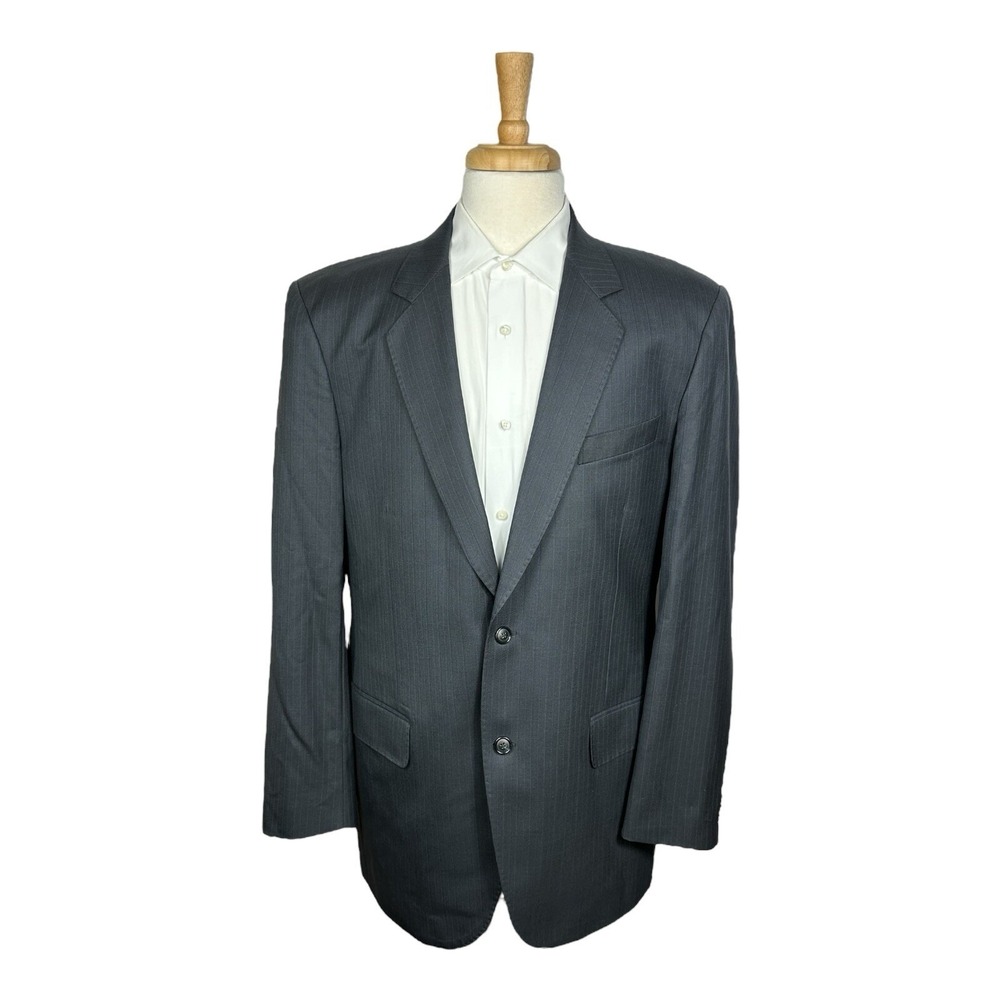 Q Clothiers Bespoke Drago Super 150s Wool Gray Blue Striped Suit 44L